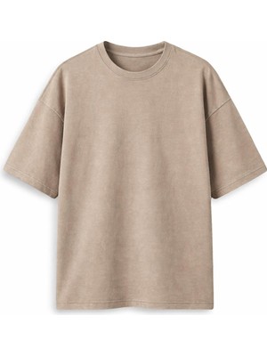 Vamos Kısa Kollu Yıkamalı Oversize Tişört Vizon