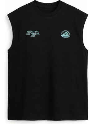 Vamos Oversize Baskılı Kolsuz Tişört Siyah