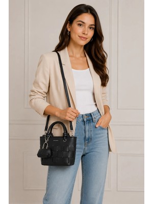 Nas Bag Premium Şık Kadın 2 Li Set ve Charmlı ve Cüzdanlı  El ve Çapraz Çanta Siyah
