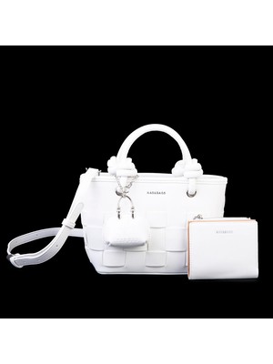 Nas Bag Premium Şık Kadın 2 Li Set ve Charmlı ve Cüzdanlı  El ve Çapraz Çanta Beyaz