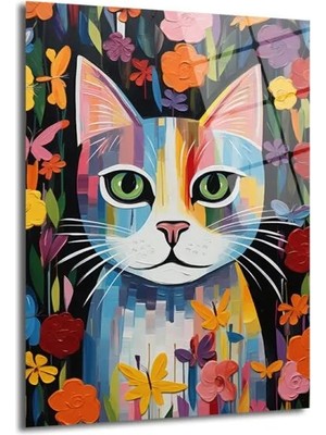 GLAZELLA Rengarenk Neşe: Modern Sanat Kedi Temalı Temperli Cam Tablo