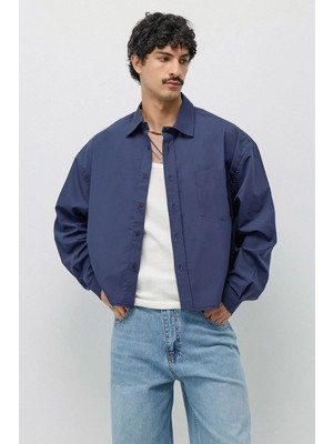 Vamos Keten Boxy Fit Crop Gömlek Lacivert
