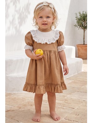 Parla Kids Kız Çocuk Ruby Kahverengi Fırfırlı Dantel Detaylı Kısa Kollu Elbise Bandana Takım
