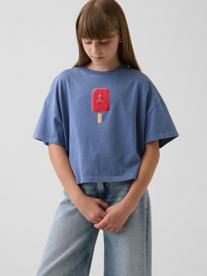 Gap Kız Çocuk Mavi Oversized Grafik Baskılı T-Shirt