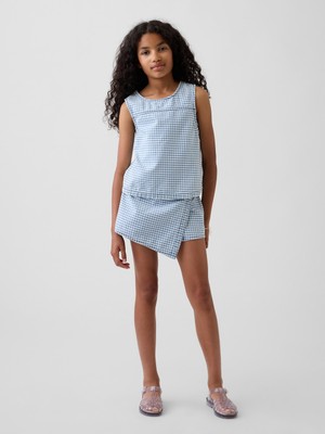 Gap Kız Çocuk Mavi Gingham Denim Wrap-Front Mini Şort Etek