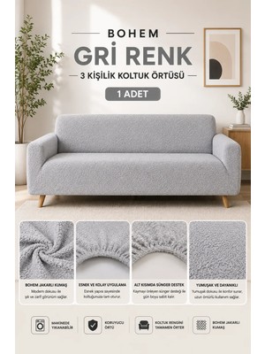 Btf Home Buklet Bohem Lastikli 3 Kişilik Koltuk Örtüsü Kaymaz Esnek ve Yıkanabilir Koltuk Kılıfı Gri Renk