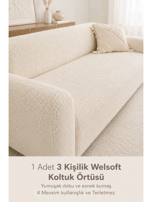 Btf Home Yumuşacık Welsoft Koltuk Örtüsü Kaymaz Esnek Düz Krem Renk 3 Kişilik 1 Parça