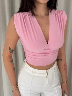 Pazarcan Vatkalı Kolsuz V Yaka Drapeli Crop Bluz Likralı - Pembe