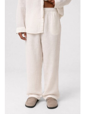 Vamos Baggy Fit Müslin Keten Pantolon Naturel