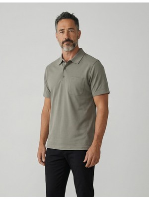 Simenti Erkek Yakalı Cepli Pike Lacoste Kumaş Haki Baba Tshirt