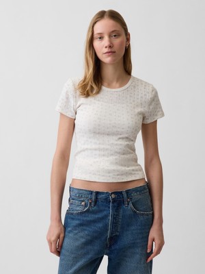 Gap Kadın Beyaz Pointelle Bisiklet Yaka T-Shirt