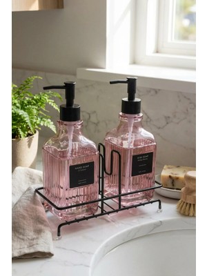 Makri Home Modern Çizgili Desenli Cam Ikili Sıvı Sabunluk & Deterjanlık Seti, Pembe- 500 ml Cam Sabunluk