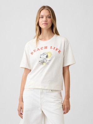 Gap Kadın Beyaz Peanuts Oversized Grafik Baskılı T-Shirt