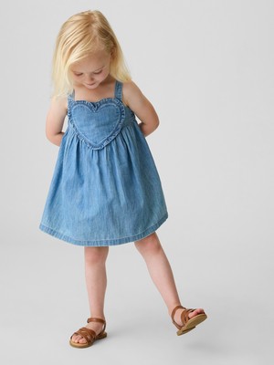 Gap Kız Bebek Mavi Denim Kalp Askılı Elbise