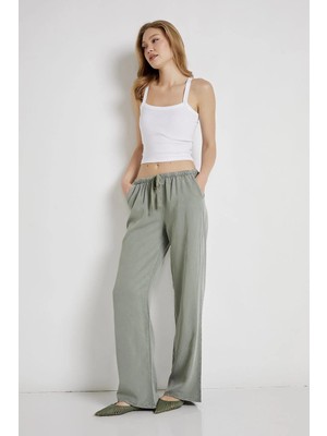 Tena Kadın Haki Beli Lastik ve Ip Bağlamalı Bol Paça Tencel Pantolon
