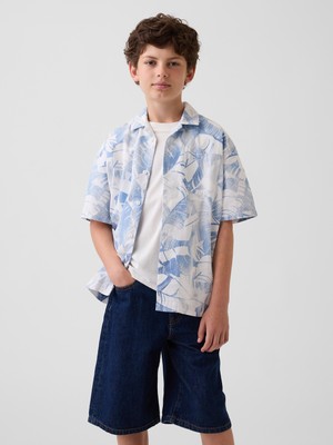 Gap Erkek Çocuk Mavi Kids Textured Floral Relaxed Vacay Gömlek