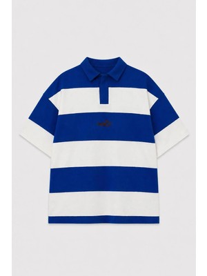 Vamos Oversize Rugby Yaka Çizgili Tişört Saks