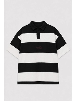 Vamos Oversize Rugby Yaka Çizgili Tişört Siyah
