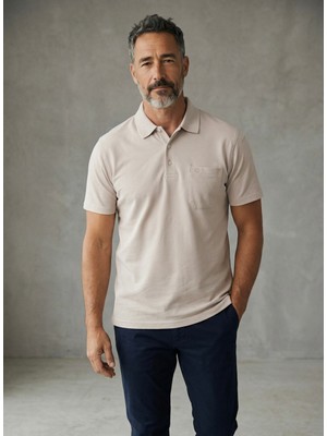 Simenti Erkek Yakalı Cepli Pike Lacoste Kumaş Bej Baba Tshirt