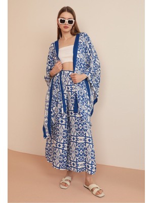 Empressco Etnik Desenli Mavi Viskon Kadın Kimono Takım, Şık ve Rahat Giyim Aksesuarı