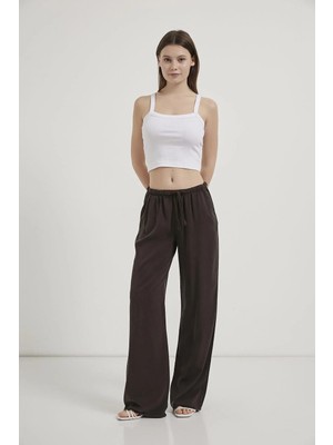 Tena Kadın Kahve Beli Lastik ve Ip Bağlamalı Bol Paça Tencel Pantolon