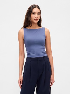 Gap Kadın Mavi Closeknit Jersey Boatneck Crop Kolsuz Üst