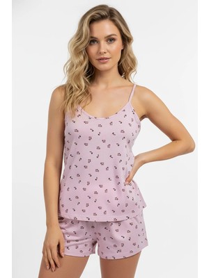 Kompedan Kadın Ip Askılı Yumuşak Dokulu Çiçek Desenli Şortlu Pijama Takım | Pembe 70111-267