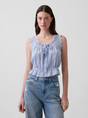 Gap Kadın Mavi Eyelet Tie-Front Crop Peplum Bluz