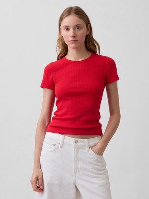 Gap Kadın Kırmızı Pointelle Bisiklet Yaka T-Shirt