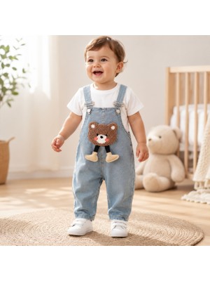 TA&CE Kids Tace Kıds Bebek Kabartma Ayıcık Detaylı Kot Bahçıvan Salopet ve Beyaz Tişört 2'li Takım-6-24 Ay
