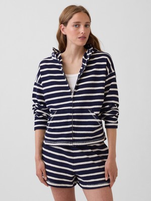 Gap Kadın Lacivert Havlu Terry Oversized Çizgili Fermuarlı Sweatshirt