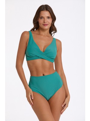 Argento Kadın Yeşil Dokulu Kumaş Çıkarılabilir Ince Kaplı Yüksek Bel Toparlayıcı Bikini Takımı