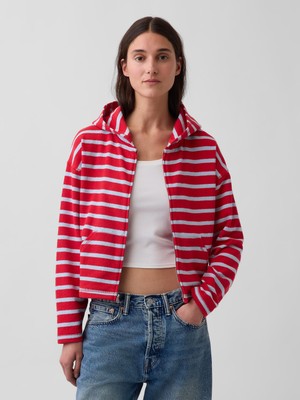 Gap Kadın Kırmızı Havlu Terry Oversized Çizgili Fermuarlı Sweatshirt