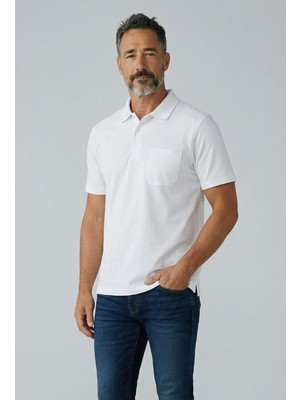 Simenti Erkek Yakalı Cepli Pike Lacoste Kumaş Beyaz Baba Tshirt