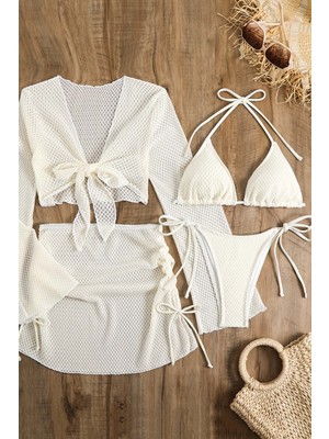 Angelsin Bağlamalı Alt Üst Pareo Üçgen 4'lü Brezilya Bikini Takım Set(Çıkartılabilir Kaplı)