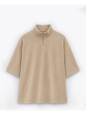 Vamos Yarım Fermuarlı Oversize Fitilli Tişört Camel