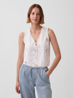 Gap Kadın Beyaz Keten Karışımlı Işlemeli Crop Shell Askılı Bluz