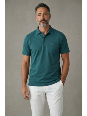 Simenti Erkek Yakalı Cepli Pike Lacoste Kumaş Koyu Yeşil Baba Tshirt