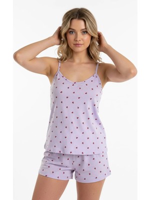 Kompedan Kadın Ip Askılı Yumuşak Dokulu Küçük Kiraz Desenli Şortlu Pijama Takım | Llila 70111-4714
