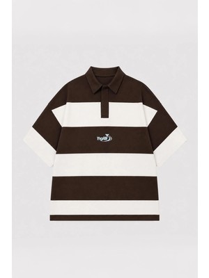 Vamos Oversize Rugby Yaka Çizgili Tişört Kahve