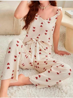 Ruselin Kadın Ekru Kırmızı Kalp Desenli Yumuşak Pamuklu Uzun Pijama Takımı 5136