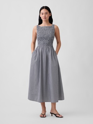 Gap Kadın Lacivert Smocked Boatneck Maxi Elbise