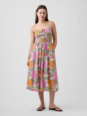 Gap Kadın Çok Renkli Smocked Tie-Front Midi Elbise