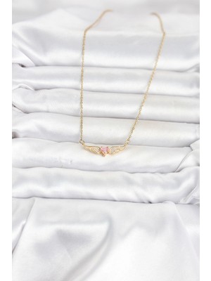 Renas Store Mey Ithalat® 316L Çelik Zincir Gold Renk Kanatlı Pembe Kalp Model Kadın Kolye