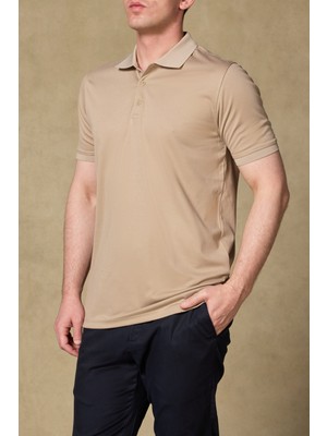 Abbate Bivo Merserize Pamuklu Modern Fit Koyu Bej Polo Yaka Erkek Düz Polo Shirt