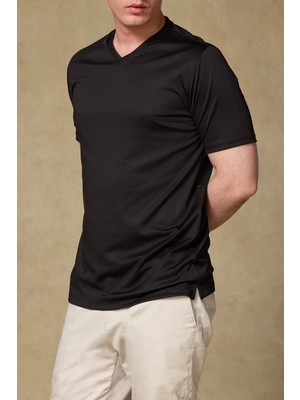 Abbate Vita Merserize Pamuklu Modern Fit Siyah V Yaka Erkek Düz T-Shirt