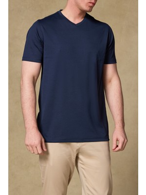 Abbate Vita Merserize Pamuklu Modern Fit Lacivert V Yaka Erkek Düz T-Shirt