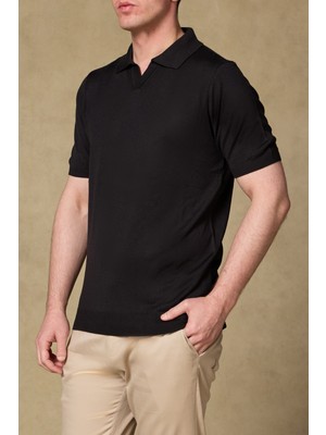Abbate Lido Viskon Viskon Karışımlı Modern Fit Siyah Jonny Polo Yaka Erkek Düz Polo Shirt