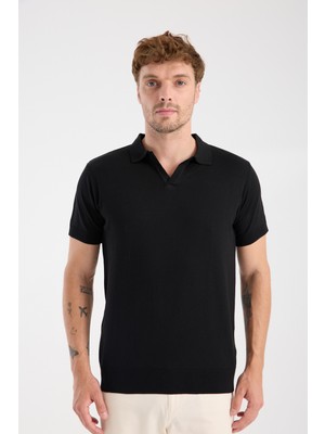 A Club Aclub Alfa Örme Kumaş Viskon Karışımlı Slim Fit Siyah Polo Yaka Erkek Düz Polo Shirt