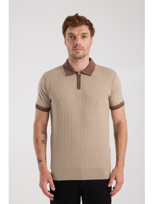 A Club Aclub Echo Örme Kumaş Viskon Karışımlı Slim Fit Vizon Polo Yaka Erkek Desenli Polo Shirt
